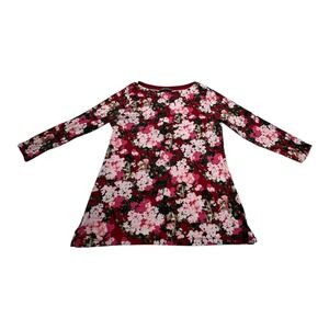 Lands End Girls Floral Print Long Sleeve Shirt Dress Size S 6-8 Red Pink Cotton